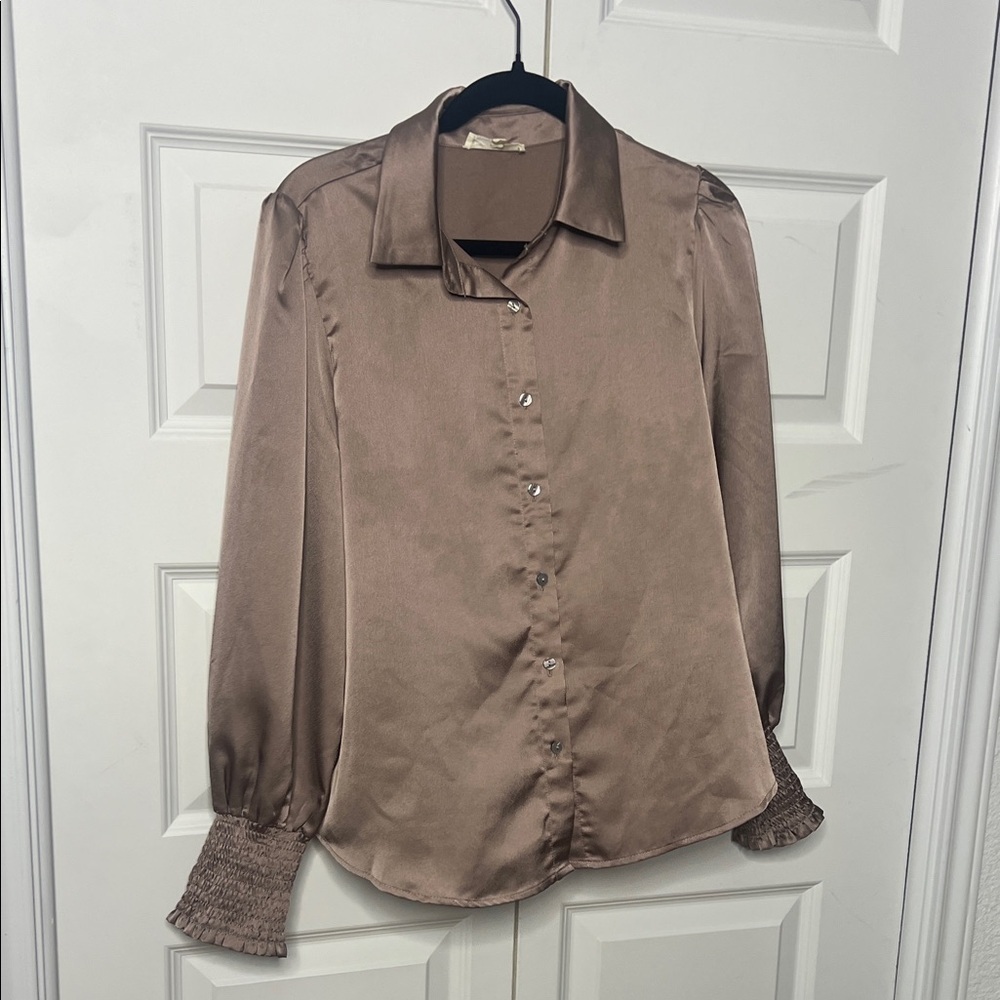 Entro Satin Button Down Shirt - Brown